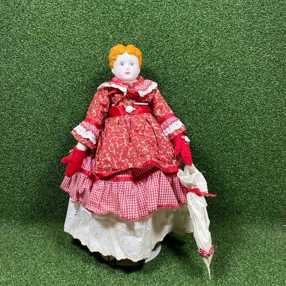 Vintage China Head Doll Red Floral Dress Parasol Painted Boots Victorian Style